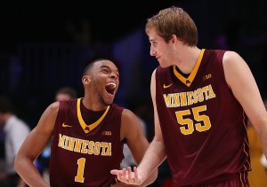 Nov 24, 2012; Paradise Island, BAHAMAS; Minnesota Golden Gophers guard Andre Hollins (1) and center Elliott Eliason (55) celebrate the victory against the Stanford Cardinal during the 2012 Battle 4 Atlantis in the Imperial Arena at the Atlantis Resort. Mandatory Credit: Kevin Jairaj-US PRESSWIRE