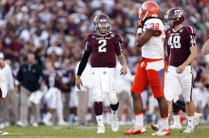 Nov 17, 2012; College Station, TX, USA;  Texas A&M Aggies quarterback Johnny Manziel (2) yells at Sam Houston State Bearkats defensive back Kenneth Jenkins (32) during the first half at Kyle Field. Mandatory Credit: Thomas Campbell-US PRESSWIRE.Credit: US PRESSWIRE