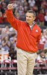 November 23, 2012; Columbus, OH, USA; Ohio State Buckeyes head football coach Urban Meyer addresses the fans at halftime in the game against the UMKC Kangaroos at Value City Arena.