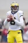 November 24, 2012; Columbus, OH, USA; Michigan Wolverines quarterback Russell Bellomy (8) warms up before the game against the Ohio State Buckeyes at Ohio Stadium.