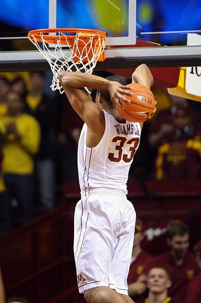 Nov 18, 2012; Minneapolis, MN, USA; Minnesota Golden Gophers forward Rodney Williams (33) dunks during the first half against the Richmond Spiders at Williams Arena. The Gophers defeated the Spiders 72-57. Mandatory Credit: Brace Hemmelgarn-US PRESSWIRE