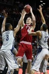 Nov. 20, 2012; Brooklyn, NY, USA; Indiana Hoosiers forward Cody Zeller (40) shoots as Georgetown Hoyas forward Mikael Hopkins (3) and forward Otto Porter (22) defend during the first half at the Legends Classic Championship at Barclays Center. Mandatory Credit: Debby Wong-US PRESSWIRE