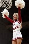 Nov 25, 2012; Bloomington, IN, USA; Indiana Hoosiers cheerleader performs a cheer against the Ball State Cardinals at Assembly Hall. Indiana defeated Ball State 101-53. Mandatory Credit: Brian Spurlock-US PRESSWIRE