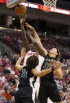 November 25, 2012; Columbus, OH, USA; Wright State Raiders forward Breanna Stucke (32) fouls Ohio State Buckeyes center Darryce Moore (22) as Wright State Raiders guard Ivory James (10) also defends at Value City Arena. Ohio State won the game 82-52. Mandatory Credit: Greg Bartram-US PRESSWIRE