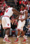 Nov 1, 2012; Bloomington, IN, USA; Indiana Hoosiers guard Victor Oladipo (4) congratulates guard Yogi Ferrell (11) for a defensive play against Indiana Weleyan Wildcats at Assembly Hall. Indiana defeats Indiana Wesleyan 86-57. Mandatory Credit: Brian Spurlock-US PRESSWIRE