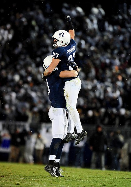 November 24, 2012; University Park, PA, USA; Penn State Nittany Lions safety Jacob Fagnano (27) celebrates after getting an interception in the fourth quarter against the Wisconsin Badgers at Beaver Stadium. Mandatory Credit: Evan Habeeb-US PRESSWIRE