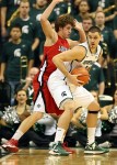 November 25, 2012; East Lansing, MI, USA; Michigan State Spartans forward Alex Gauna (2) posts up against Louisiana Lafayette Ragin Cajuns guard Steven Wronkoski (4) during the first half of a game at Jack Breslin Students Events Center. Mandatory Credit: Mike Carter-US PRESSWIRE