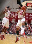 Nov 9, 2012; Bloomington, IN, USA; Indiana Hoosiers forward Christian Watford (32) grabs a rebound away from guard Yogi Ferrell (11) in a game against the Bryant Bulldogs at Assembly Hall. Indiana defeats Bryant 97-54. Mandatory Credit: Brian Spurlock-US PRESSWIRE