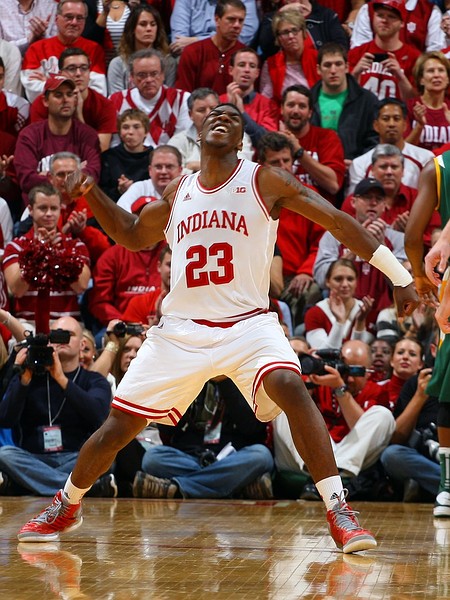 Nov 12, 2012; Bloomington, IN, USA; Indiana Hoosiers guard Remy Abell (23) reacts to making a shot against the North Dakota State Bison at Assembly Hall. Indiana defeats North Dakota State 87-61. Mandatory Credit: Brian Spurlock-US PRESSWIRE