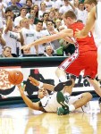 November 2, 2012; East Lansing, MI, USA; Michigan State Spartans guard Denzel Valentine (45) dives for the loose ball during the first half of a game against the St. Cloud State Huskies at Jack Breslin Students Events Center. Mandatory Credit: Mike Carter-US PRESSWIRE