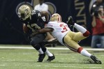 November 25, 2012; New Orleans, LA, USA; New Orleans Saints running back Darren Sproles (43) carries the ball against San Francisco 49ers strong safety Donte Whitner (31) during first quarter of their game at the Mercedes-Benz Superdome. Mandatory Credit: John David Mercer-US PRESSWIRE
