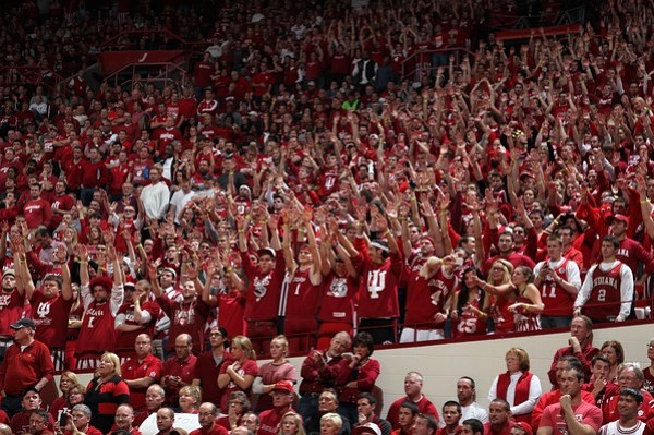 Nov 27, 2012; Bloomington, IN, USA; Indiana Hoosier fans cheer during a game against the North Carolina Tar Heels at Assembly Hall. Mandatory Credit: Brian Spurlock-US PRESSWIRE