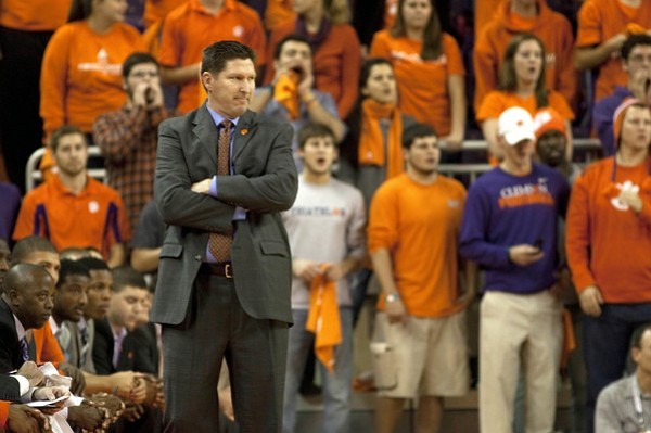 Nov 28, 2012; Clemson, SC, USA; Clemson Tigers head coach Brad Brownell reacts during the first half of the game against the Purdue Boilermakers at Littlejohn Coliseum.
