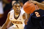 Nov 18, 2012; Minneapolis, MN, USA; Minnesota Golden Gophers guard Andre Hollins (1) watches the ball during the second half against the Richmond Spiders at Williams Arena. The Gophers defeated the Spiders 72-57. Mandatory Credit: Brace Hemmelgarn-US PRESSWIRE
