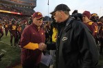 Oct 27, 2012; Minneapolis, MN, USA; Minnesota Golden Gophers head coach Jerry Kill and Purdue Boilermakers head coach Danny Hope shake hands following the game at TCF Bank Stadium. The Gophers defeated the Boilermakers 44-28. Mandatory Credit: Brace Hemmelgarn-US PRESSWIRE