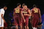 Nov 23, 2012; Paradise Island, BAHAMAS; Minnesota Golden Gophers guard Andre Hollins (1) celebrates scoring with guard Austin Hollins (20) against the Memphis Tigers during the 2012 Battle 4 Atlantis in the Imperial Arena at the Atlantis Resort. Mandatory Credit: Kevin Jairaj-US PRESSWIRE
