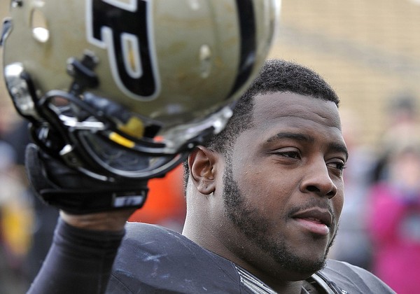 November 24, 2012; West Lafayette, IN, USA; Purdue Boilermakers defensive tackle Kawann Short (93) before the game against the Indiana Hoosiers in Ross Ade Stadium. Mandatory Credit: Sandra Dukes-US PRESSWIRE