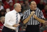 Feb. 19, 2012; Madison, WI, USA; Penn State Nittany Lions head coach Patrick Chambers talks to a referee during the game with the Wisconsin Badgers at the Kohl Center. Wisconsin defeated Penn State 65-55. Mandatory Credit: Mary Langenfeld-US PRESSWIRE