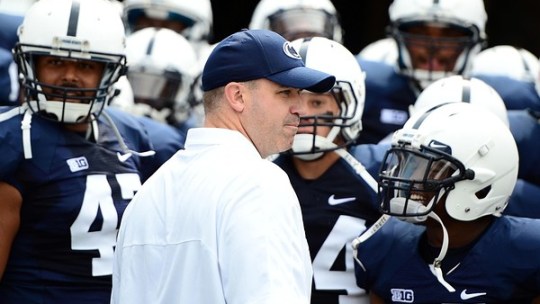 Sep 1, 2012; University Park, PA, USA; Penn State Nittany Lions head coach Bill O'Brien leads the team onto the field prior to the game against Ohio Bobcats the at Beaver Stadium. Mandatory Credit: Andrew Weber-US Presswire
