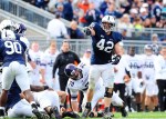 October 6, 2012; University Park, PA, USA; Penn State Nittany Lions linebacker Michael Mauti (42) celebrates during the game against the Northwestern Wildcats at Beaver Stadium.