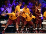 Nov 24, 2012; Paradise Island, BAHAMAS; Minnesota Golden Gophers bench players react against the Stanford Cardinal during the 2012 Battle 4 Atlantis in the Imperial Arena at the Atlantis Resort. Mandatory Credit: Kevin Jairaj-US PRESSWIRE