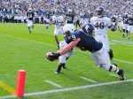 October 6, 2012; University Park, PA, USA; Penn State Nittany Lions fullback Michael Zordich (9) dives for the end zone pylon during the game against the Northwestern Wildcats at Beaver Stadium. Mandatory Credit: Evan Habeeb-US PRESSWIRE