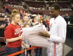 November 11, 2012; Columbus, OH, USA; Caide Cellar, 13, of Marion Ohio has her poster signed by Ohio State Buckeyes forward Deshaun Thomas (1) before the game against the Albany Great Danes at Value City Arena. Ohio State won the game 82-60. Mandatory Credit: Greg Bartram-US PRESSWIRE