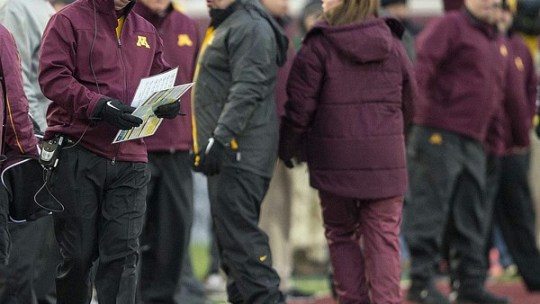 Nov 24, 2012; Minneapolis, MN, USA: Minnesota Golden Gophers head coach Jerry Kill looks on from the sideline during the first half against the Michigan State Spartans at TCF Bank Stadium. Michigan State won 26-10. Mandatory Credit: Jesse Johnson-US PRESSWIRE