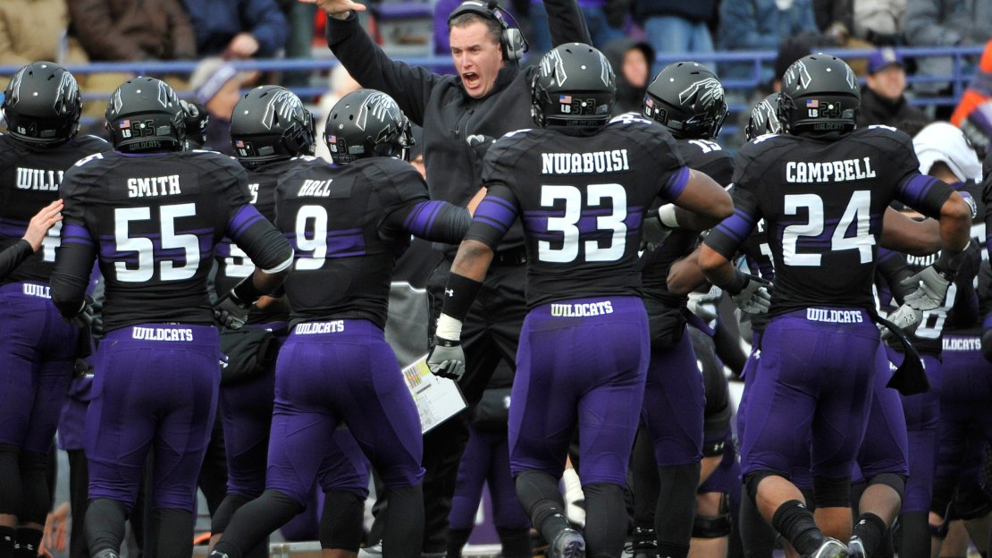 Nov 24, 2011; Evanston, IL, USA; Northwestern Wildcats head coach Pat Fitzgerald celebrates his teams fumble recover against the Illinois Fighting Illini during the first half at Ryan Field. Mandatory Credit: David Banks-US PRESSWIRE