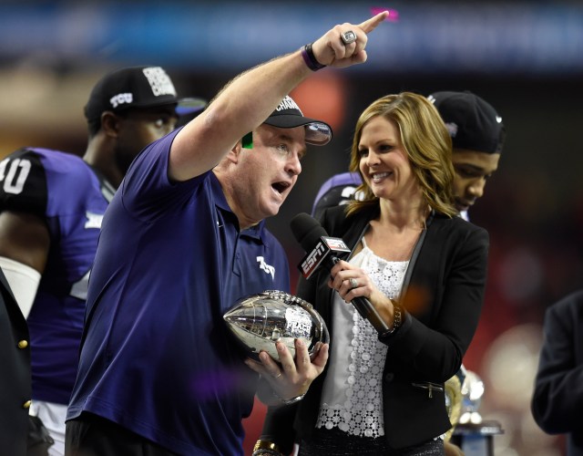 Dec 31, 2014; Atlanta , GA, USA; TCU Horned Frogs head coach Gary Patterson speaks with ESPN reporter Shannon Spake after the 2014 Peach Bowl against the Mississippi Rebels at the Georgia Dome. TCU defeated Ole Miss 42-3. Mandatory Credit: Dale Zanine-USA TODAY Sports