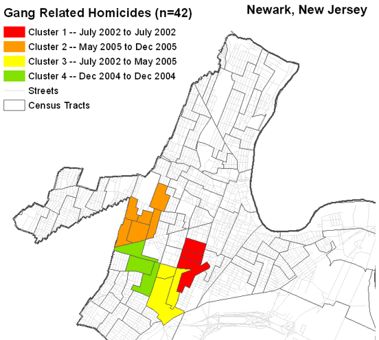 This map from MSU shows the spread of gang violence in Newark over time.