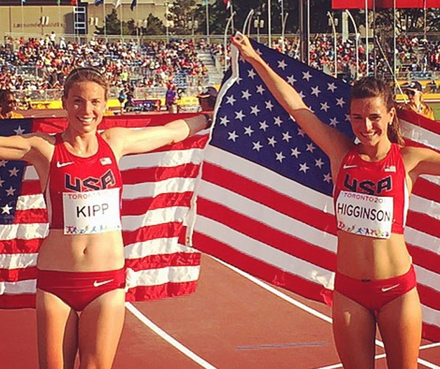 Higginson (right) with fellow American athlete and Pan Am steeplechase runner-up Shalaya Kipp.