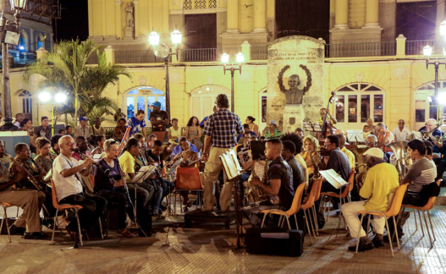 Members of the Penn State group played a concert with a community band in the main square of Santiago de Cuba.