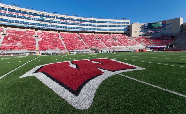 Sep 26, 2015; Madison, WI, USA; General view of the Wisconsin logo at midfield of Camp Randall Stadium prior to the game against the Hawaii Rainbow Warriors. Mandatory Credit: Jeff Hanisch-USA TODAY Sports