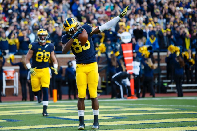 Nov 7, 2015; Ann Arbor, MI, USA; Michigan Wolverines wide receiver Jehu Chesson (86) celebrates his touchdown in the first quarter against the Rutgers Scarlet Knights at Michigan Stadium. Mandatory Credit: Rick Osentoski-USA TODAY Sports