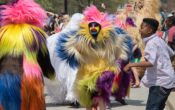 Purdue?s Spring Fest 2015 coincided with the ?Soundsuit Invasion,? a performance planned by Chicago artist Nick Cave. The ?Invasion? featured Purdue Contemporary Dance Company student dancers performing a selection of soundsuits created by the artist. The dancers were accompanied by faculty and student musicians from Purdue Bands & Orchestras and the Patti and Rusty Rueff School of Visual and Performing Arts. (Photo courtesy of Purdue University and Mark Simons.)