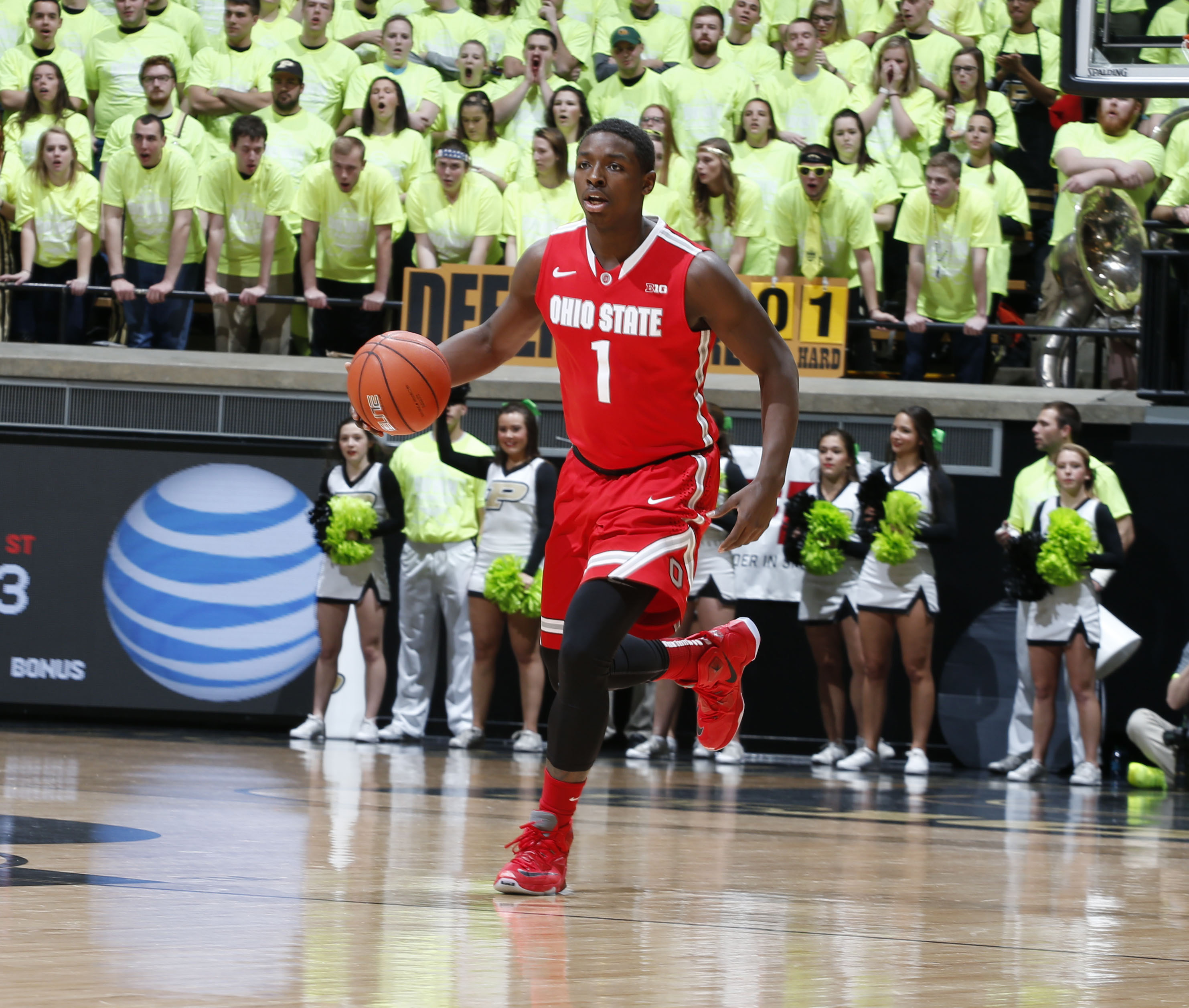 Jan 21, 2016; West Lafayette, IN, USA; Ohio State Buckeyes forward Jae'sean Tate (1) brings the ball up against the Purdue Boilermakers at Mackey Arena. Mandatory Credit: Brian Spurlock-USA TODAY Sports