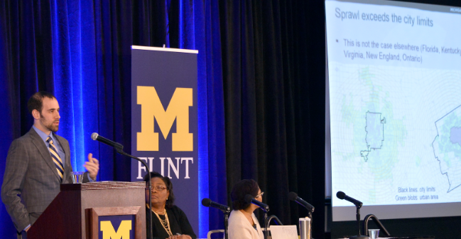 One of the recent presentations at UM-Flint on the causes and effects of the water crisis. Photo courtesy of the University of Michigan.