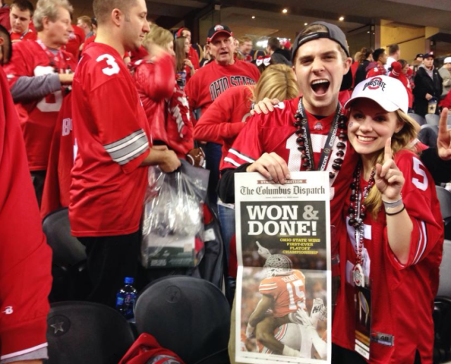 Crockett (right) enjoying OSU's national championship victory last year with her fellow Buckeye faithful