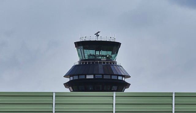 Air traffic control tower looms large