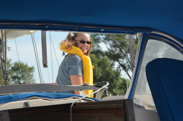 Professor Laura Alford aboard the sailboat upon which she sampled Great Lakes waters