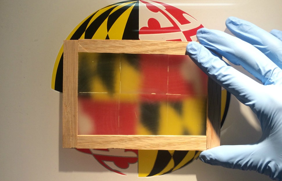 Wooden window pane over University of Maryland logo.