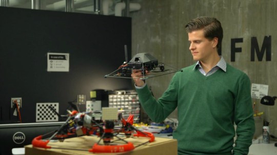 Marc Gyongyosi test out his drone developed in The Garage at Northwestern University.