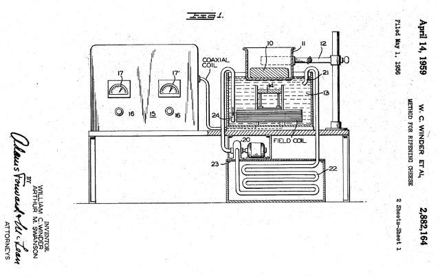 This patent drawing from the Wisconsin Alumni Research Foundation shows an ultrasonic method for ripening cheese.