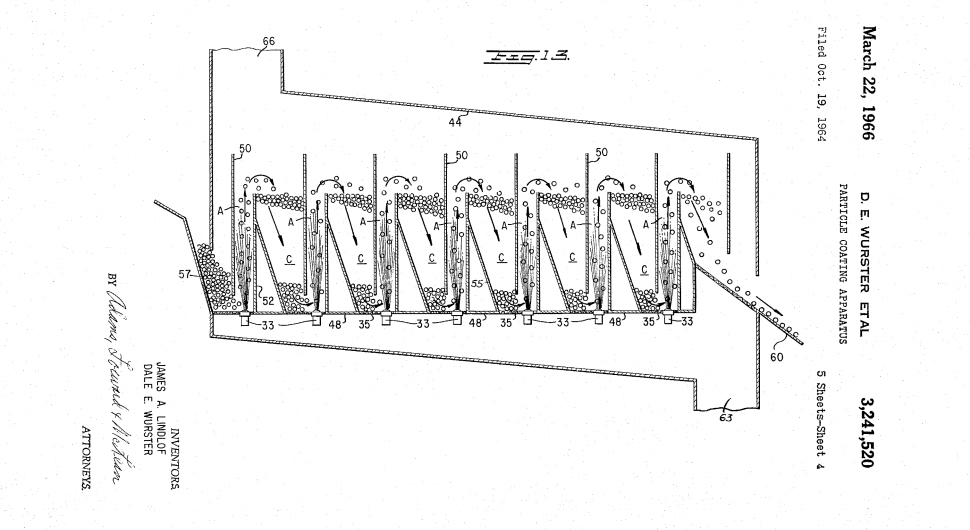 Patent drawing for a pill coater from the University of Wisconsin Alumni Research Foundation