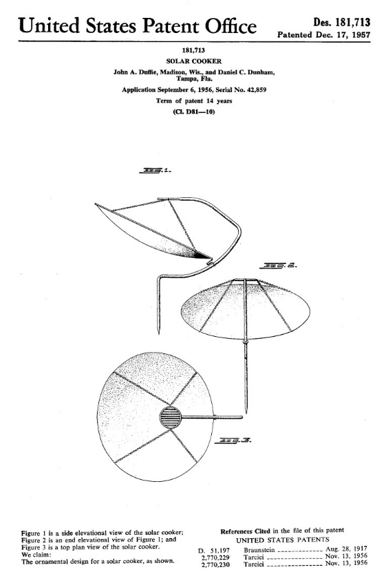Patent drawing for a solar cooker from WARF