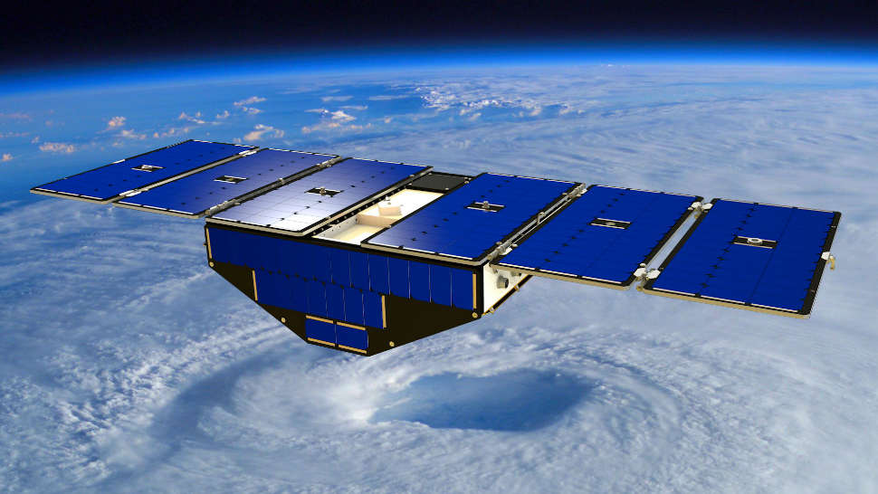 Artists rendering of a University of Michigan CYGNSS satellite tracking weather.