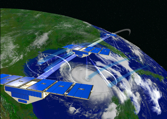 Artists rendering of a University of Mmichigan CYGNSS weather tracking satellite.