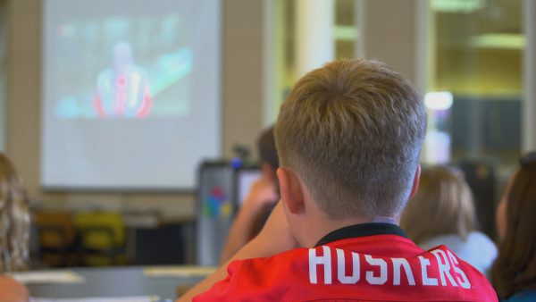 A Nebraska grade school student on a virtual field trip to the State Museum at the University of Nebraska