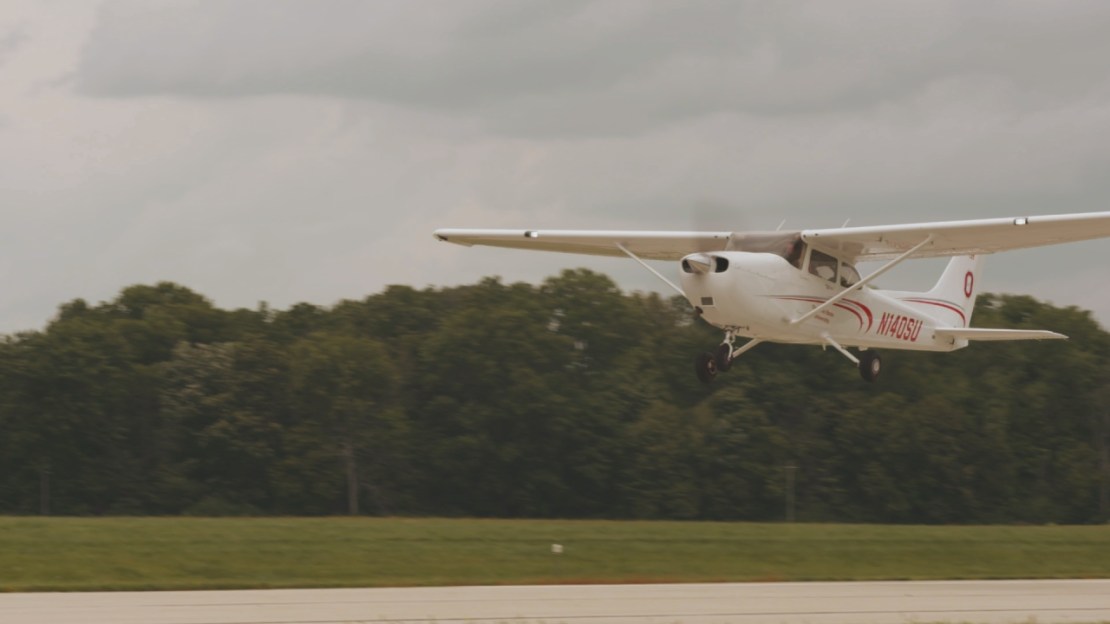 A plane from The Ohio State University's fleet takes off
